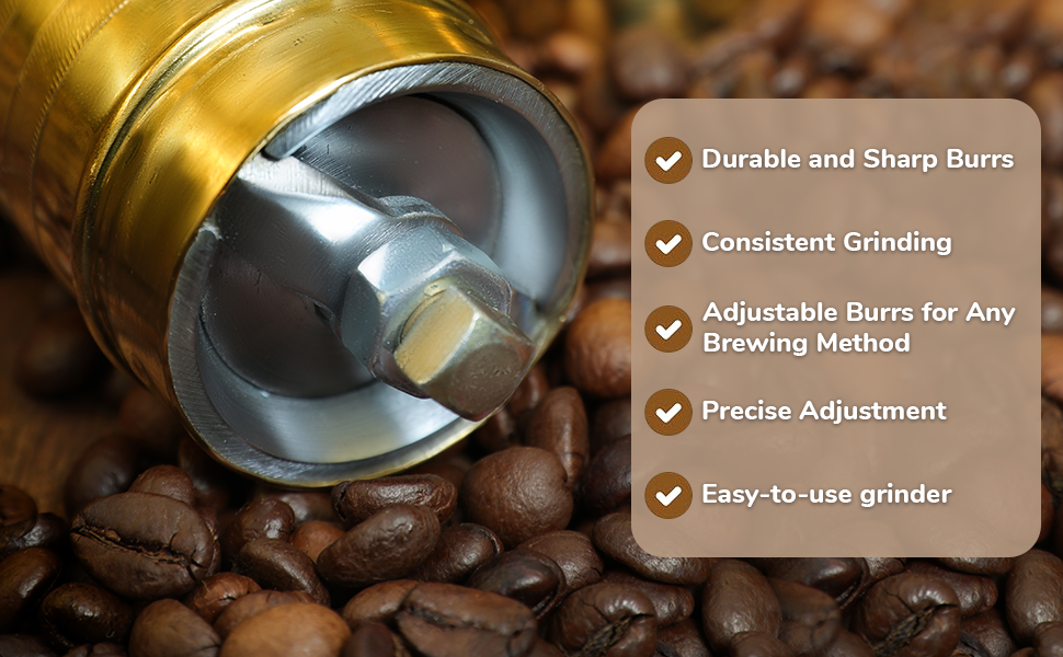 Sozen 7" Manual Coffee Grinder Brass – Hand Crank Burr Mill for Turkish Coffee, French Press, Espresso, Camping & Home Use – Portable Coffee Bean Grinder, Adjustable Conical Grinder