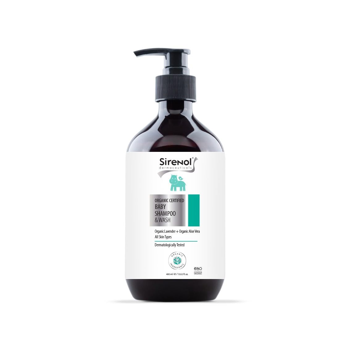 Sirenol Organic Baby Shampoo & Body Wash - Cosmos Certified, Dermatologist Tested, Detangling, Sensitive & Tear-Free Natural Formula, Clean Ingredients, 13.5oz