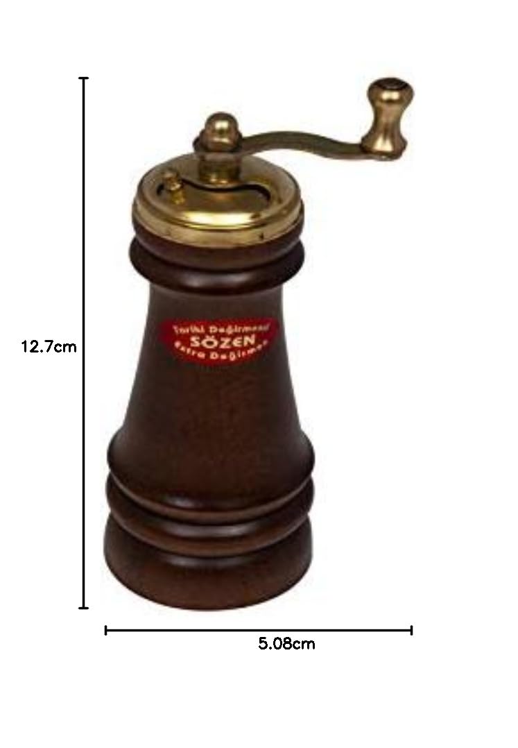 Sozen Manual Wooden Pepper Grinder – 5" Handmade Manual Turkish Pepper Mill with Stainless Steel Burr – Portable Hand Crank Spice Grinder for Black Pepper, Salt, Peppercorns, and Other Spices