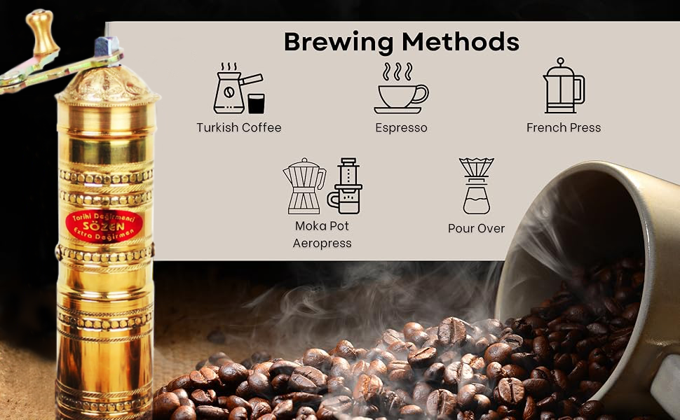 Sozen 7" Manual Coffee Grinder Brass – Hand Crank Burr Mill for Turkish Coffee, French Press, Espresso, Camping & Home Use – Portable Coffee Bean Grinder, Adjustable Conical Grinder