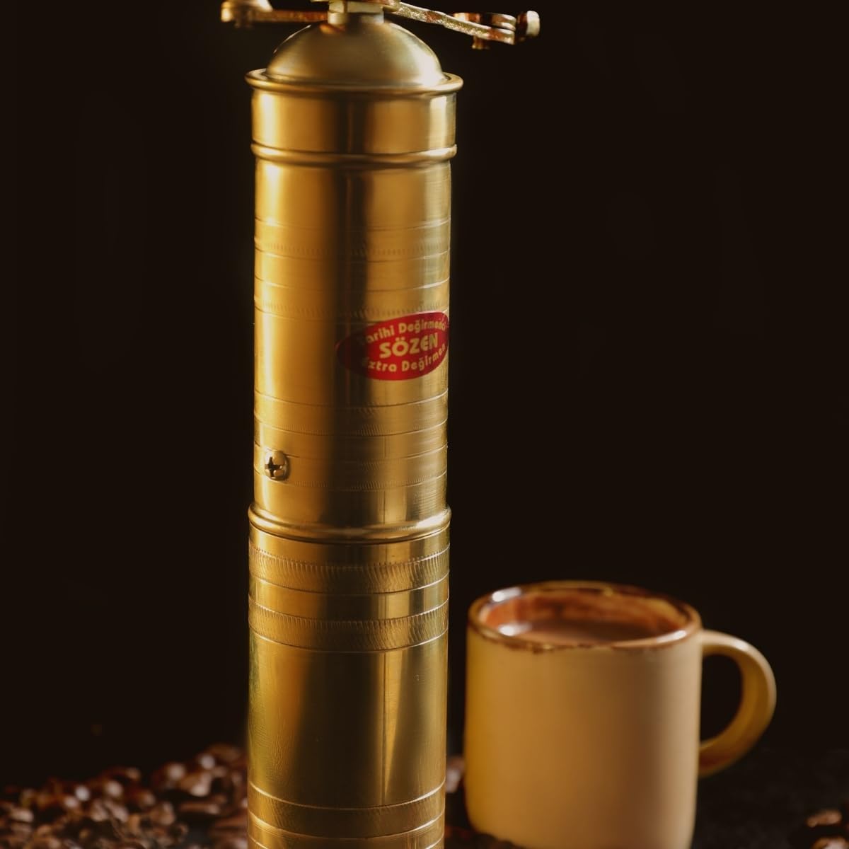 Sozen 9" Manual Coffee Grinder Brass – Hand Crank Burr Mill for Turkish Coffee, French Press, Espresso, Camping & Home Use – Portable Coffee Bean Grinder, Adjustable Conical Grinder