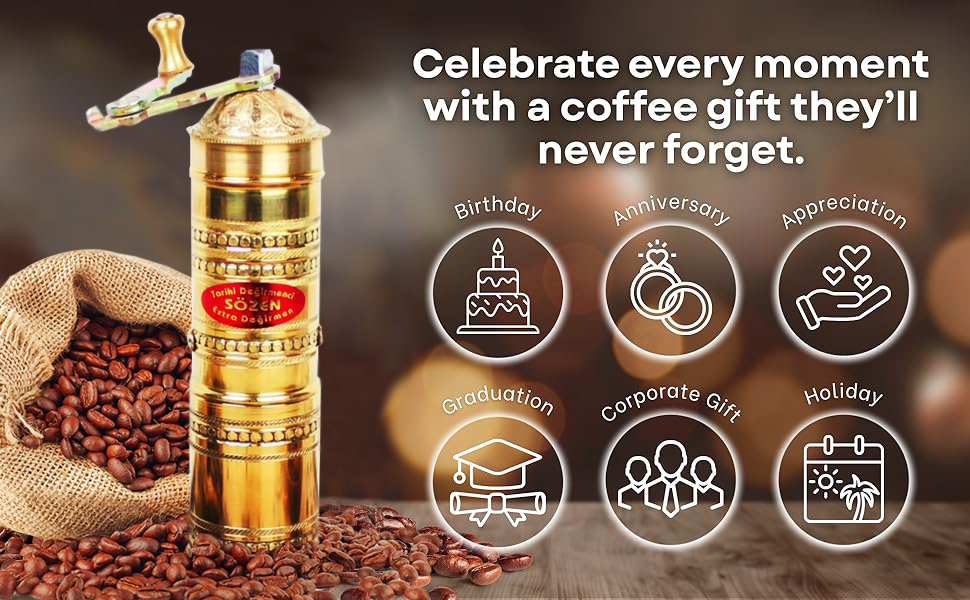 Sozen 7" Manual Coffee Grinder Brass – Hand Crank Burr Mill for Turkish Coffee, French Press, Espresso, Camping & Home Use – Portable Coffee Bean Grinder, Adjustable Conical Grinder