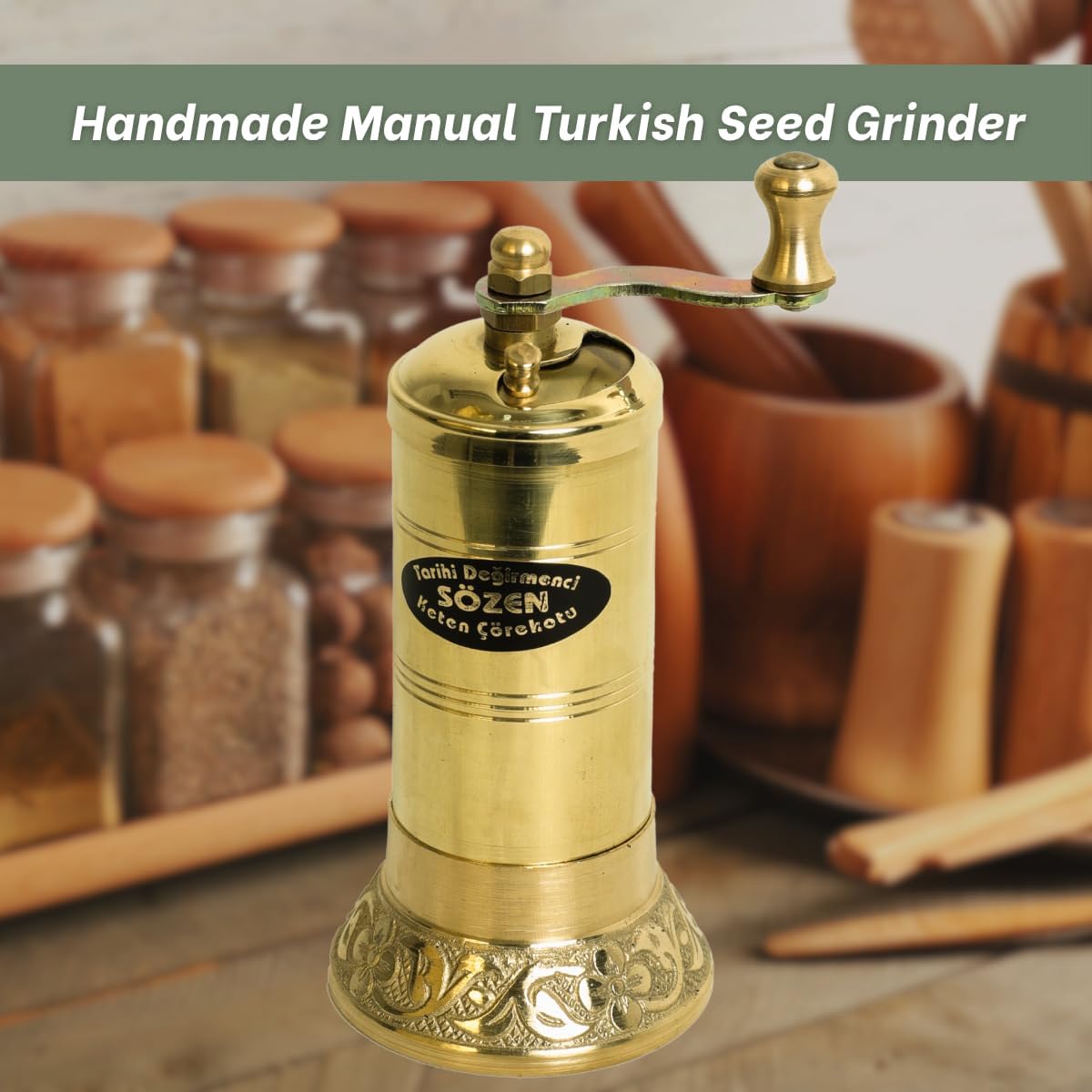 Sozen Black Seed Grinder – 4.33” Handmade Manual Brass Mill with Stainless Steel Conical Burrs – Portable Hand Crank Small Seed, Spice Mill Grinder, Portable Herb Turkish Mill