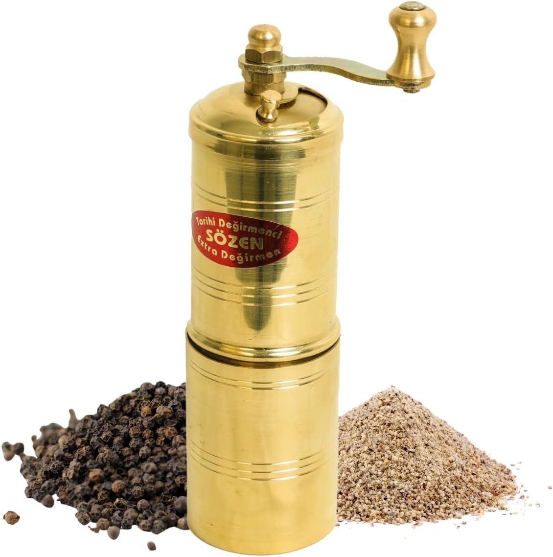 Sozen 5.5" Manual Pepper Grinder Brass – Handmade Turkish Pepper Mill, Conical Burr Spice Grinder, Portable Hand Crank Mill for Salt, Peppercorns, and Other Spices with Durable Brass Decor