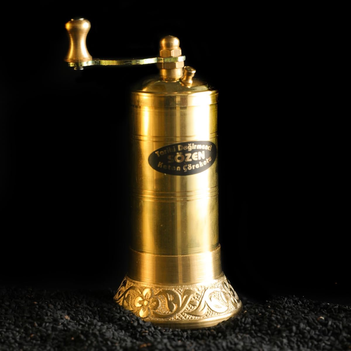 Sozen Black Seed Grinder – 4.33” Handmade Manual Brass Mill with Stainless Steel Conical Burrs – Portable Hand Crank Small Seed, Spice Mill Grinder, Portable Herb Turkish Mill