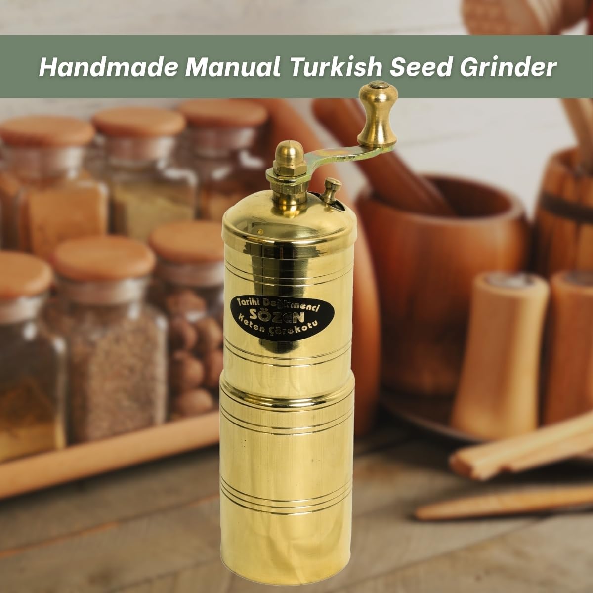 Sozen Black Seed Grinder – 5.91” Handmade Manual Brass Mill with Stainless Steel Conical Burrs – Portable Hand Crank Small Seed, Spice Mill Grinder, Portable Herb Turkish Mill