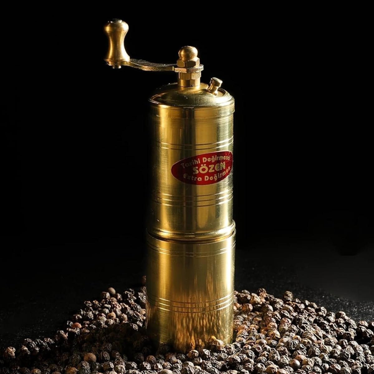 Sozen 5.5" Manual Pepper Grinder Brass – Handmade Turkish Pepper Mill, Conical Burr Spice Grinder, Portable Hand Crank Mill for Salt, Peppercorns, and Other Spices with Durable Brass Decor