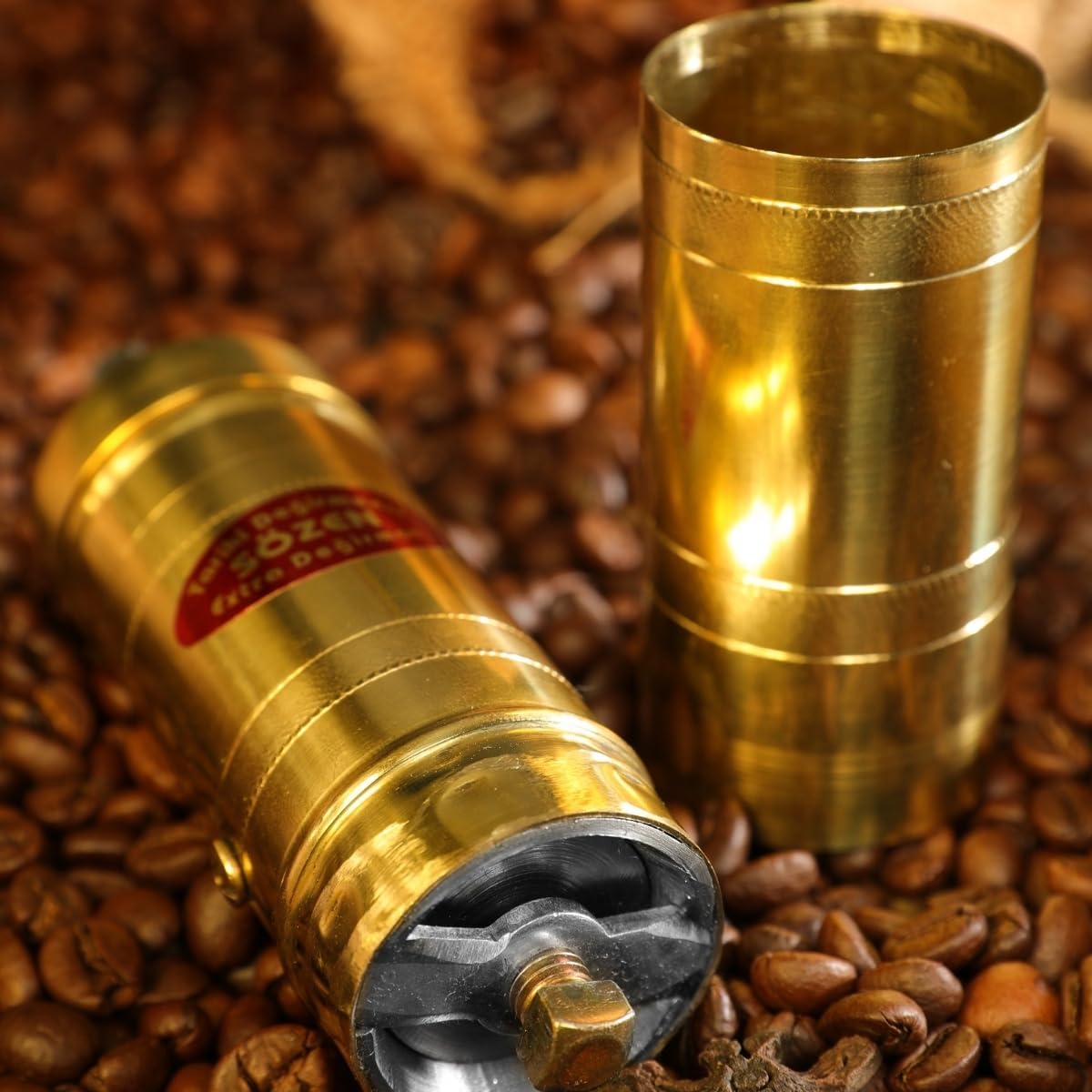 Sozen 7" Manual Coffee Grinder Brass – Hand Crank Burr Mill for Turkish Coffee, French Press, Espresso, Camping & Home Use – Portable Coffee Bean Grinder, Adjustable Conical Grinder