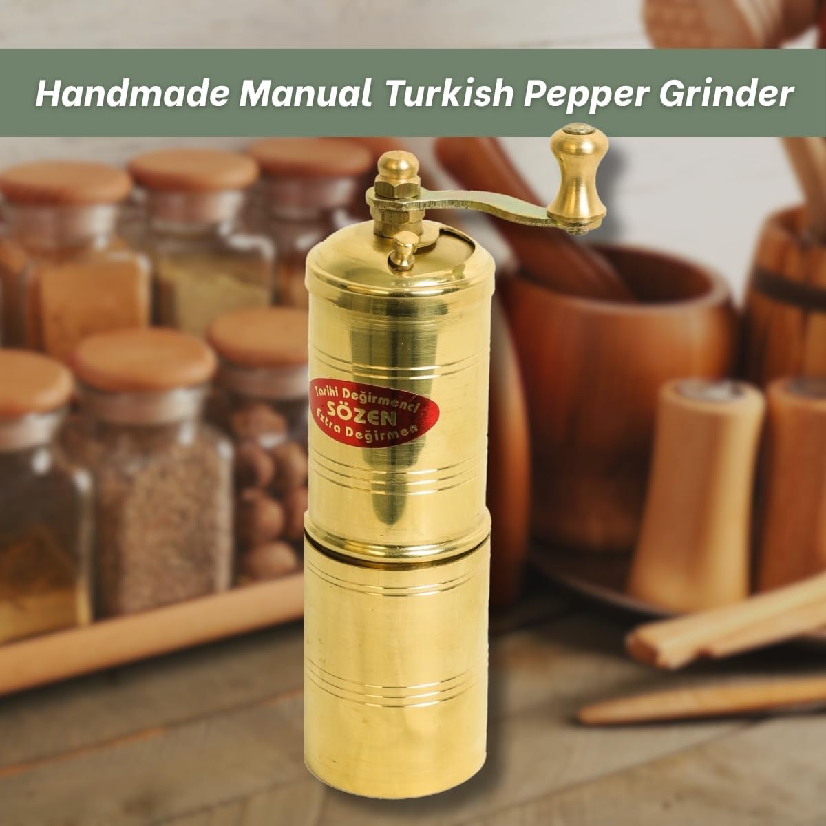 Sozen 5.5" Manual Pepper Grinder Brass – Handmade Turkish Pepper Mill, Conical Burr Spice Grinder, Portable Hand Crank Mill for Salt, Peppercorns, and Other Spices with Durable Brass Decor