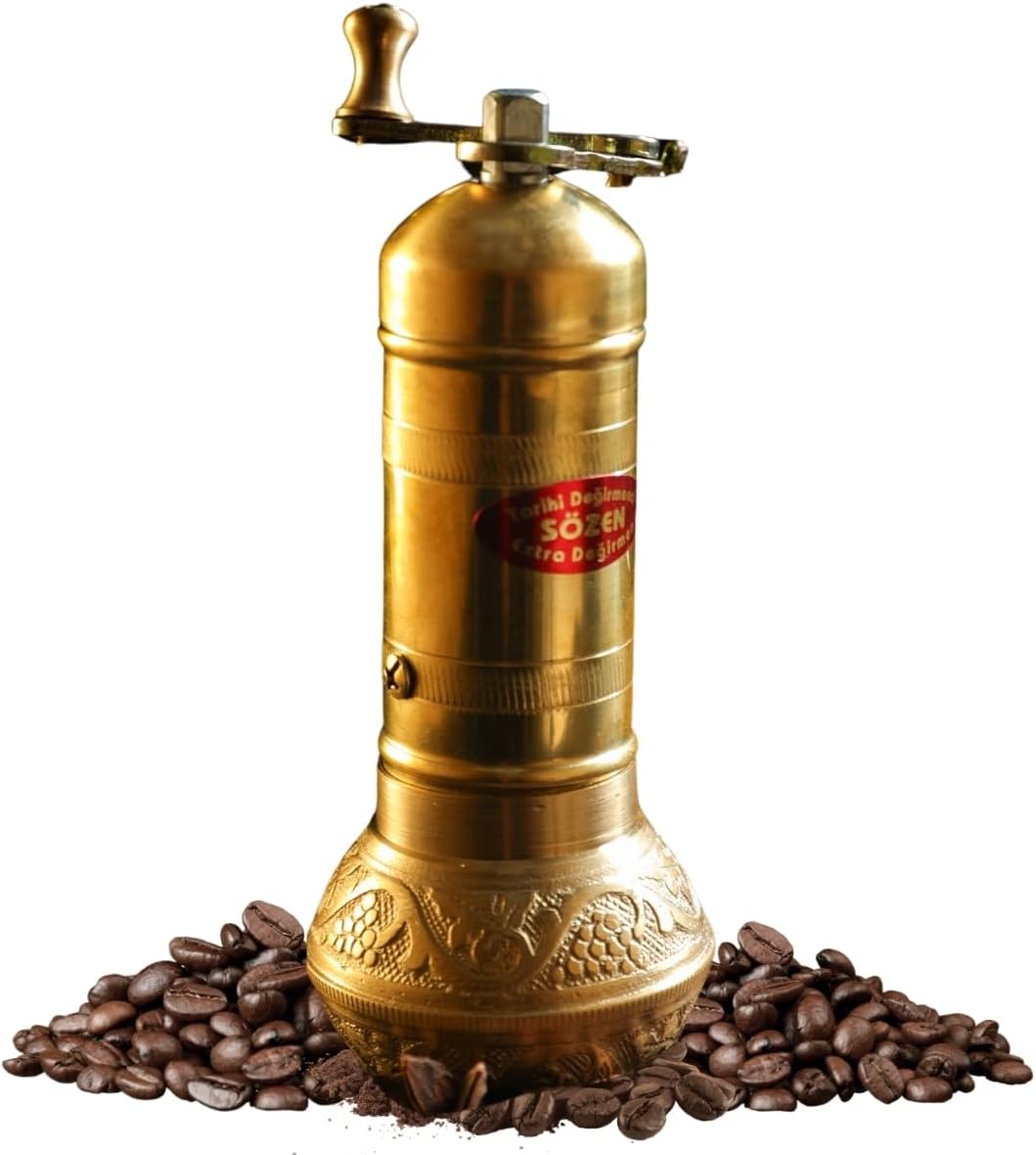 Sozen 6.4" Manual Coffee Grinder Brass – Hand Crank Burr Mill for Turkish Coffee, French Press, Espresso, Camping & Home Use – Portable Coffee Bean Grinder, Adjustable Conical Grinder