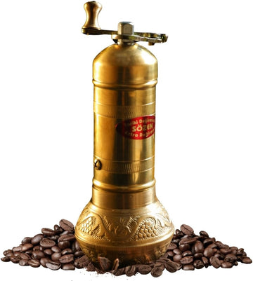 Sozen 6.4" Manual Coffee Grinder Brass – Hand Crank Burr Mill for Turkish Coffee, French Press, Espresso, Camping & Home Use – Portable Coffee Bean Grinder, Adjustable Conical Grinder