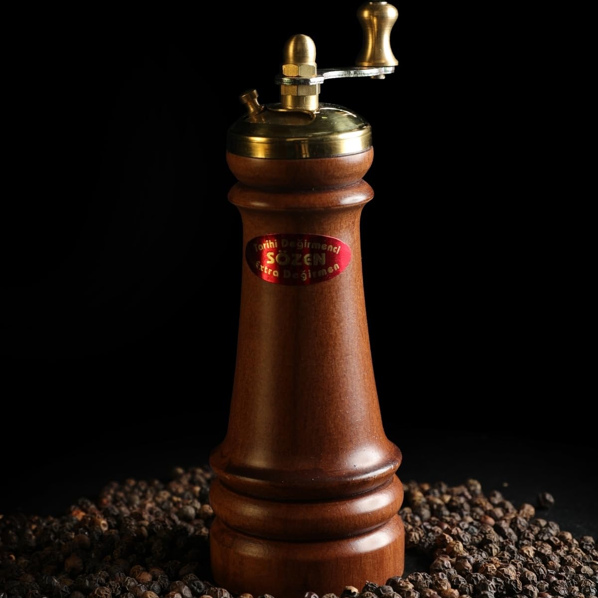 Sozen Manual Wooden Pepper Grinder – 5" Handmade Manual Turkish Pepper Mill with Stainless Steel Burr – Portable Hand Crank Spice Grinder for Black Pepper, Salt, Peppercorns, and Other Spices