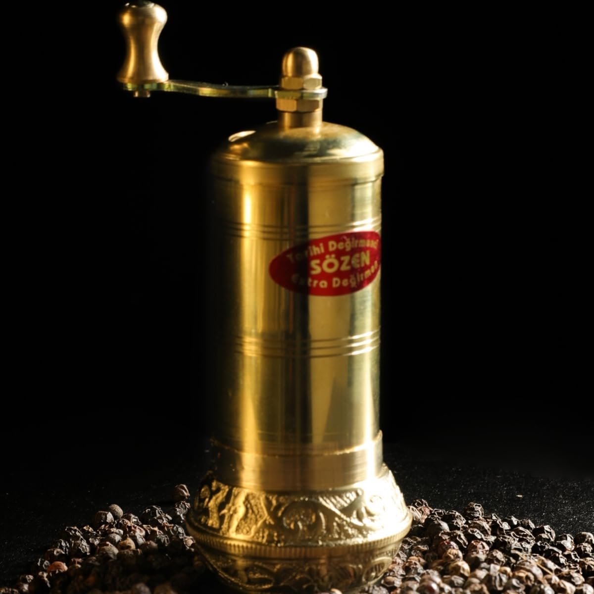 Sozen 4.7" Bowl Bottom Manual Pepper Grinder Brass – Handmade Turkish Pepper Mill, Conical Burr Spice Grinder, Portable Hand Crank Mill for Salt, Peppercorns, and Other Spices with Durable Brass Decor