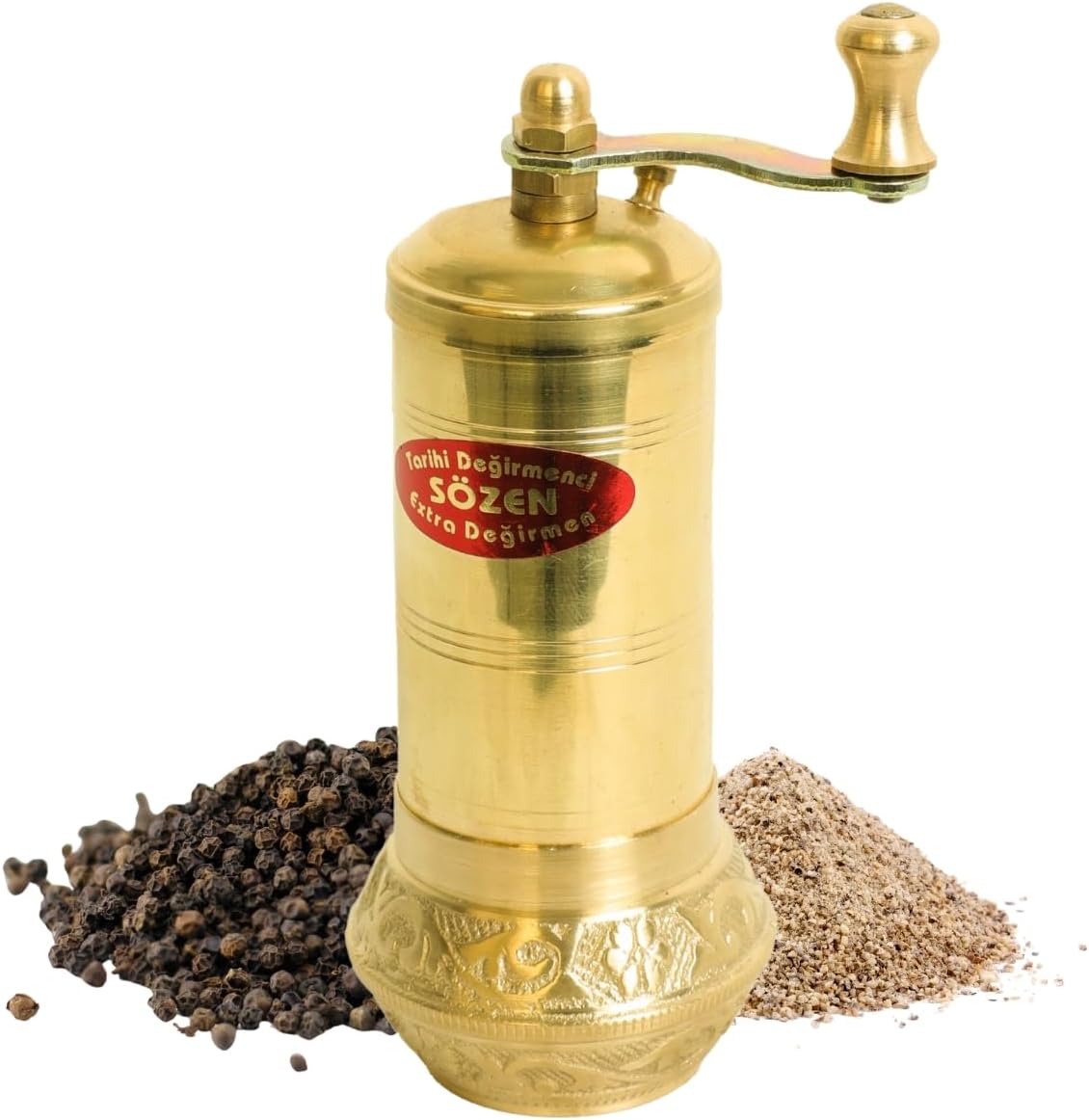 Sozen 4.7" Bowl Bottom Manual Pepper Grinder Brass – Handmade Turkish Pepper Mill, Conical Burr Spice Grinder, Portable Hand Crank Mill for Salt, Peppercorns, and Other Spices with Durable Brass Decor