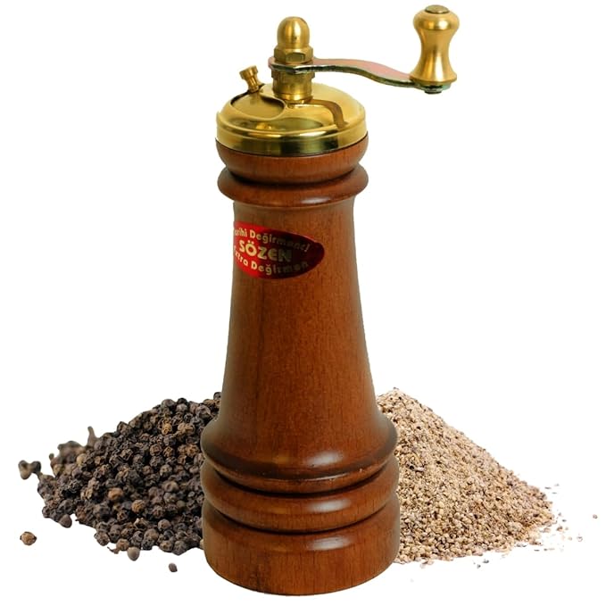 Sozen Manual Wooden Pepper Grinder – 5" Handmade Manual Turkish Pepper Mill with Stainless Steel Burr – Portable Hand Crank Spice Grinder for Black Pepper, Salt, Peppercorns, and Other Spices