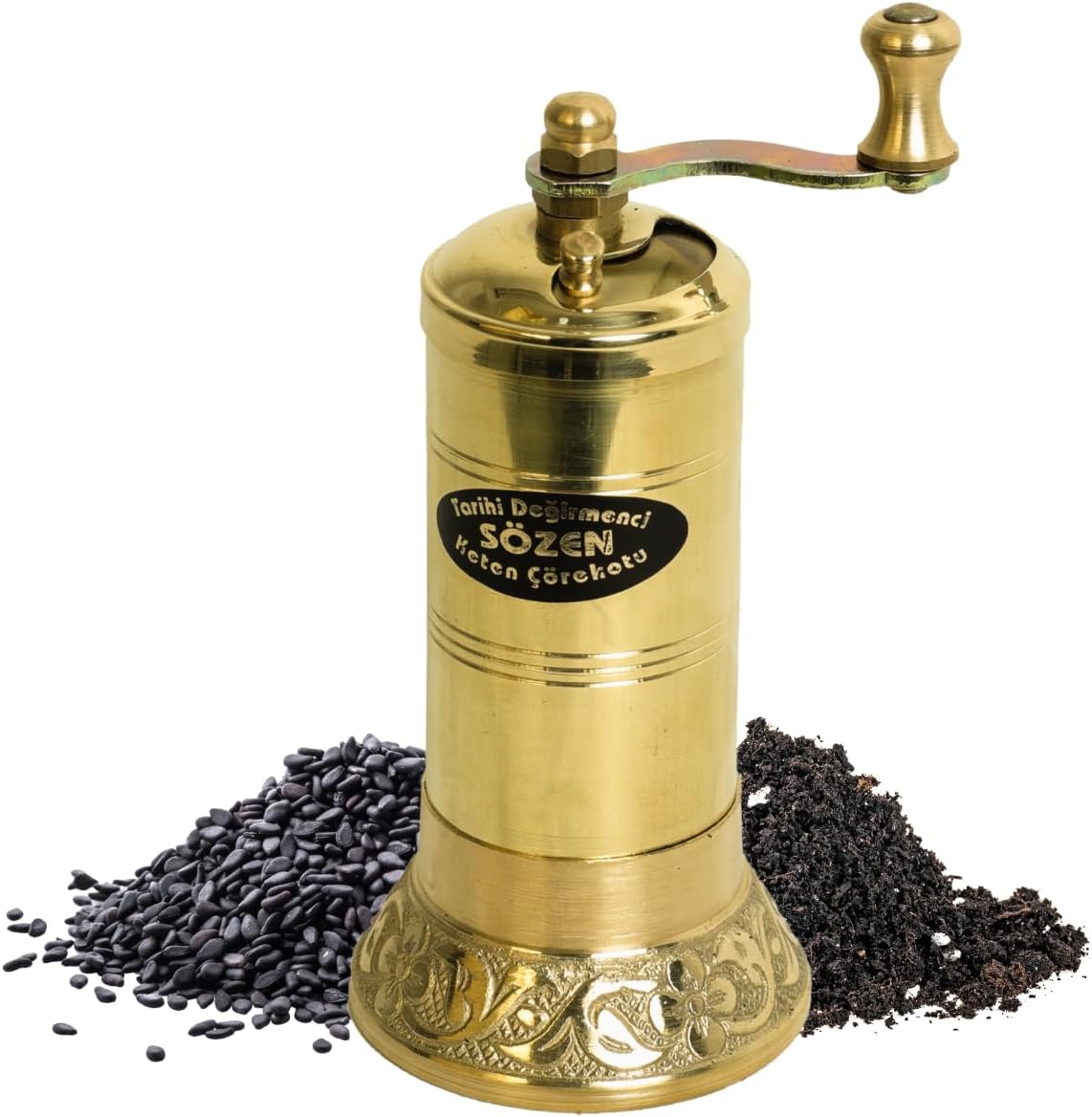Sozen Black Seed Grinder – 4.33” Handmade Manual Brass Mill with Stainless Steel Conical Burrs – Portable Hand Crank Small Seed, Spice Mill Grinder, Portable Herb Turkish Mill