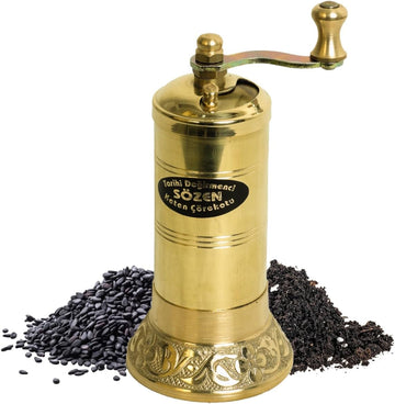 Sozen Black Seed Grinder – 4.33” Handmade Manual Brass Mill with Stainless Steel Conical Burrs – Portable Hand Crank Small Seed, Spice Mill Grinder, Portable Herb Turkish Mill
