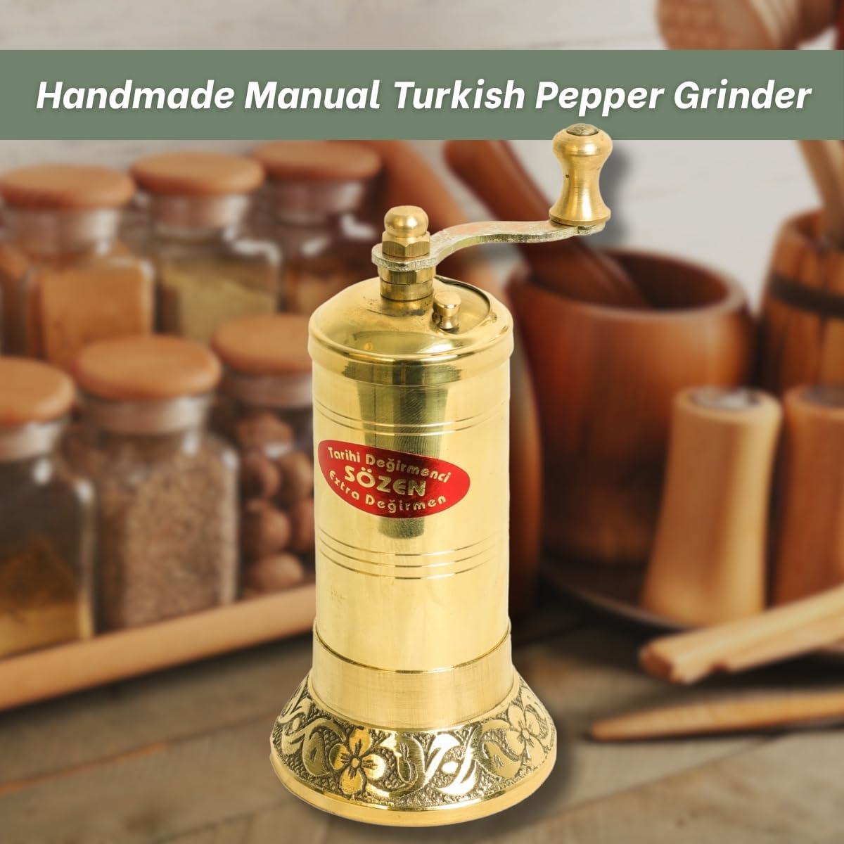 Sozen 4.7" Manual Pepper Grinder Brass – Handmade Turkish Pepper Mill, Conical Burr Spice Grinder, Portable Hand Crank Mill for Salt, Peppercorns, and Other Spices with Durable Brass Decor