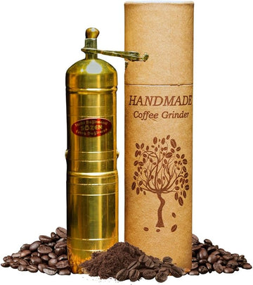 Sozen 7" Manual Coffee Grinder Brass – Hand Crank Burr Mill for Turkish Coffee, French Press, Espresso, Camping & Home Use – Portable Coffee Bean Grinder, Adjustable Conical Grinder