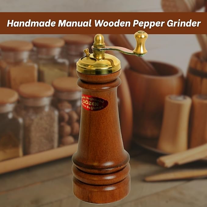 Sozen Manual Wooden Pepper Grinder – 5" Handmade Manual Turkish Pepper Mill with Stainless Steel Burr – Portable Hand Crank Spice Grinder for Black Pepper, Salt, Peppercorns, and Other Spices