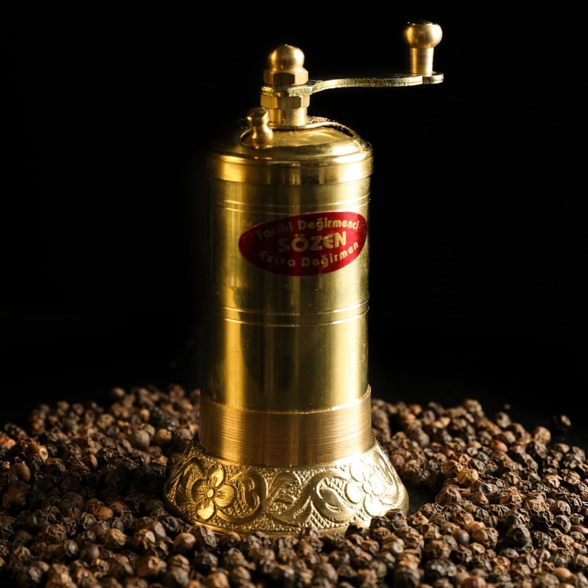 Sozen 4.7" Manual Pepper Grinder Brass – Handmade Turkish Pepper Mill, Conical Burr Spice Grinder, Portable Hand Crank Mill for Salt, Peppercorns, and Other Spices with Durable Brass Decor