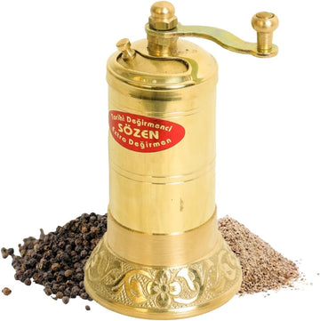 Sozen 4.3" Manual Pepper Grinder Brass – Handmade Turkish Pepper Mill, Conical Burr Spice Grinder, Portable Hand Crank Mill for Salt, Peppercorns, and Other Spices with Durable Brass Decor