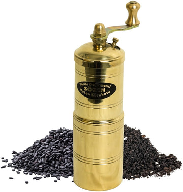 Sozen Black Seed Grinder – 5.91” Handmade Manual Brass Mill with Stainless Steel Conical Burrs – Portable Hand Crank Small Seed, Spice Mill Grinder, Portable Herb Turkish Mill