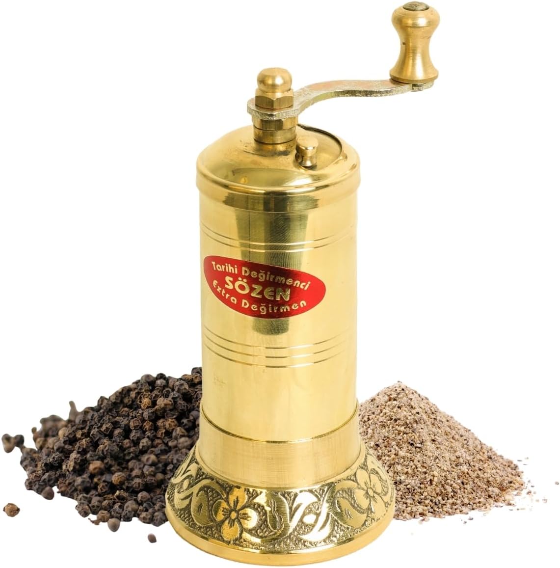 Sozen 4.7" Manual Pepper Grinder Brass – Handmade Turkish Pepper Mill, Conical Burr Spice Grinder, Portable Hand Crank Mill for Salt, Peppercorns, and Other Spices with Durable Brass Decor