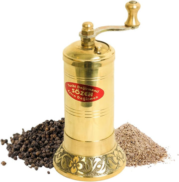 Sozen 4.7" Manual Pepper Grinder Brass – Handmade Turkish Pepper Mill, Conical Burr Spice Grinder, Portable Hand Crank Mill for Salt, Peppercorns, and Other Spices with Durable Brass Decor