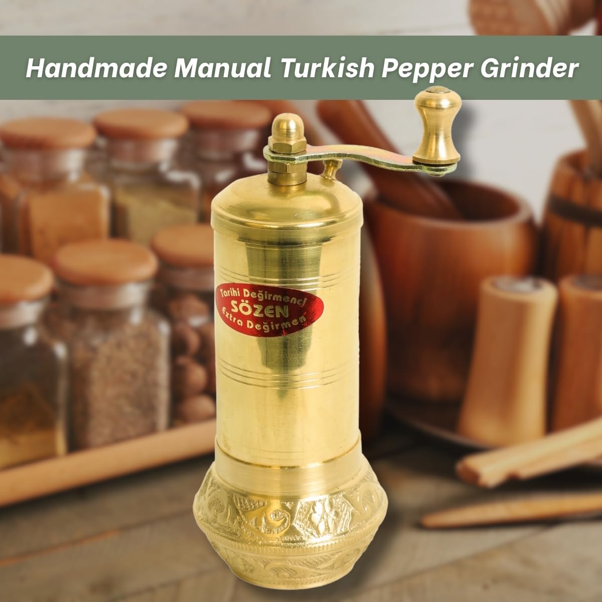 Sozen 4.7" Bowl Bottom Manual Pepper Grinder Brass – Handmade Turkish Pepper Mill, Conical Burr Spice Grinder, Portable Hand Crank Mill for Salt, Peppercorns, and Other Spices with Durable Brass Decor