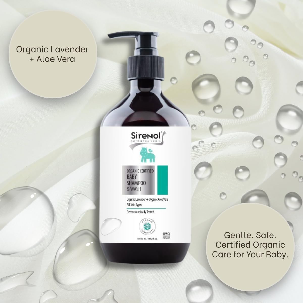 Sirenol Organic Baby Shampoo & Body Wash - Cosmos Certified, Dermatologist Tested, Detangling, Sensitive & Tear-Free Natural Formula, Clean Ingredients, 13.5oz