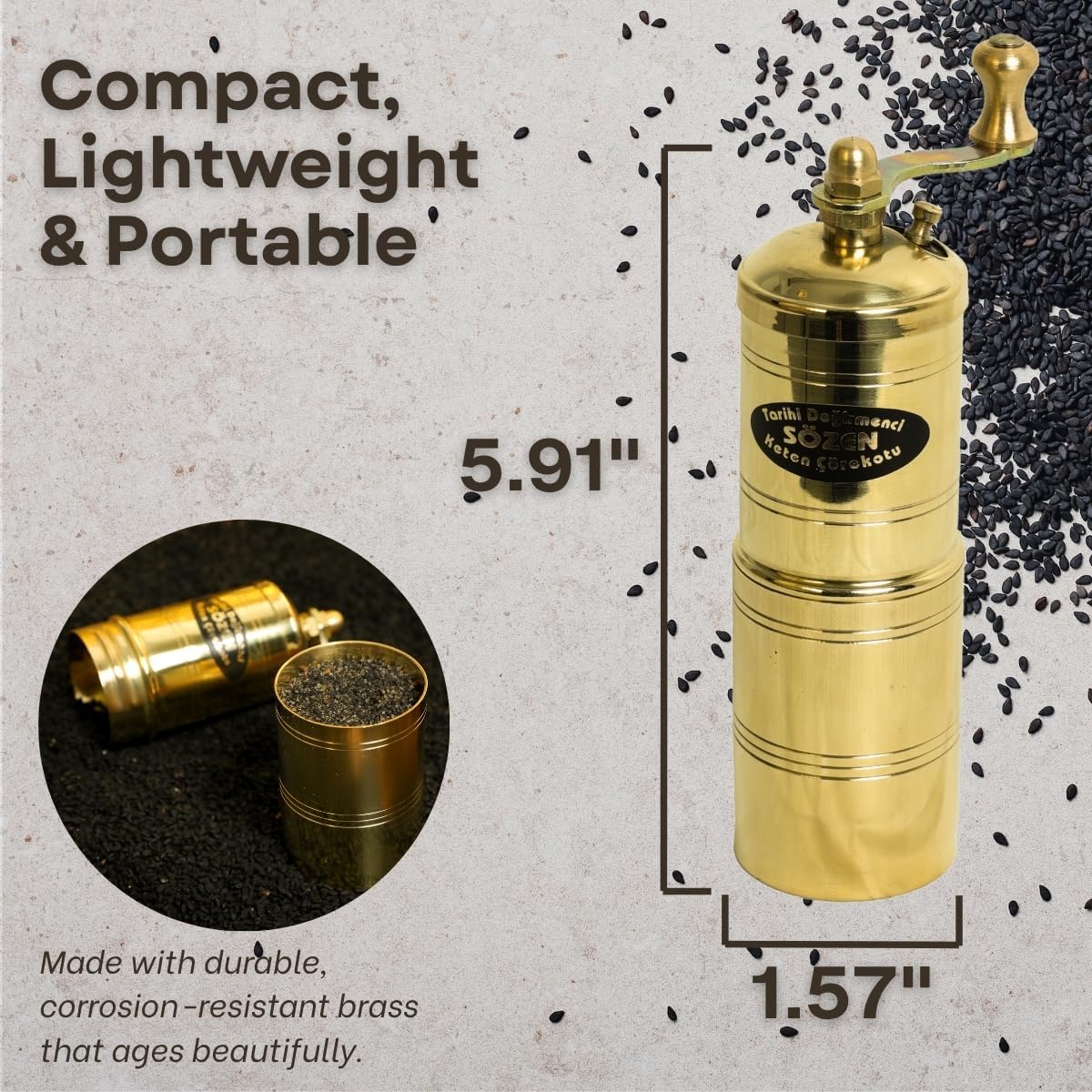 Sozen Black Seed Grinder – 5.91” Handmade Manual Brass Mill with Stainless Steel Conical Burrs – Portable Hand Crank Small Seed, Spice Mill Grinder, Portable Herb Turkish Mill