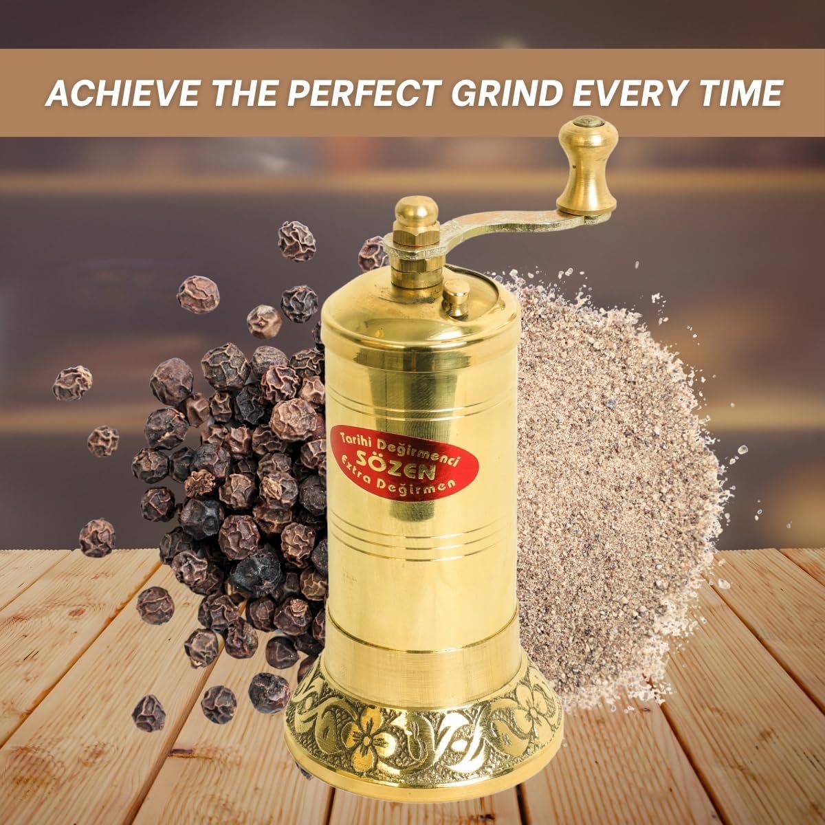 Sozen 4.7" Manual Pepper Grinder Brass – Handmade Turkish Pepper Mill, Conical Burr Spice Grinder, Portable Hand Crank Mill for Salt, Peppercorns, and Other Spices with Durable Brass Decor