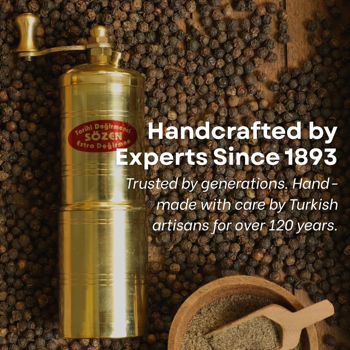 Sozen 5.5" Manual Pepper Grinder Brass – Handmade Turkish Pepper Mill, Conical Burr Spice Grinder, Portable Hand Crank Mill for Salt, Peppercorns, and Other Spices with Durable Brass Decor