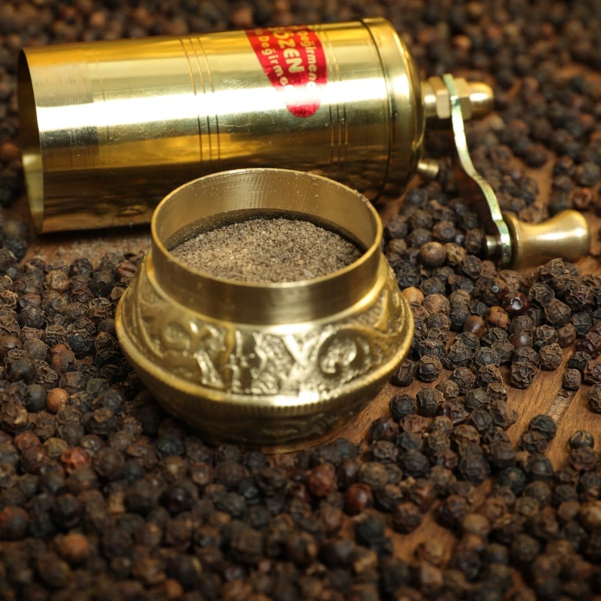 Sozen 4.7" Bowl Bottom Manual Pepper Grinder Brass – Handmade Turkish Pepper Mill, Conical Burr Spice Grinder, Portable Hand Crank Mill for Salt, Peppercorns, and Other Spices with Durable Brass Decor