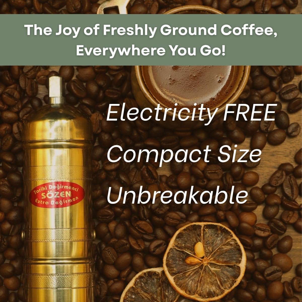 Sozen 7" Manual Coffee Grinder Brass – Hand Crank Burr Mill for Turkish Coffee, French Press, Espresso, Camping & Home Use – Portable Coffee Bean Grinder, Adjustable Conical Grinder
