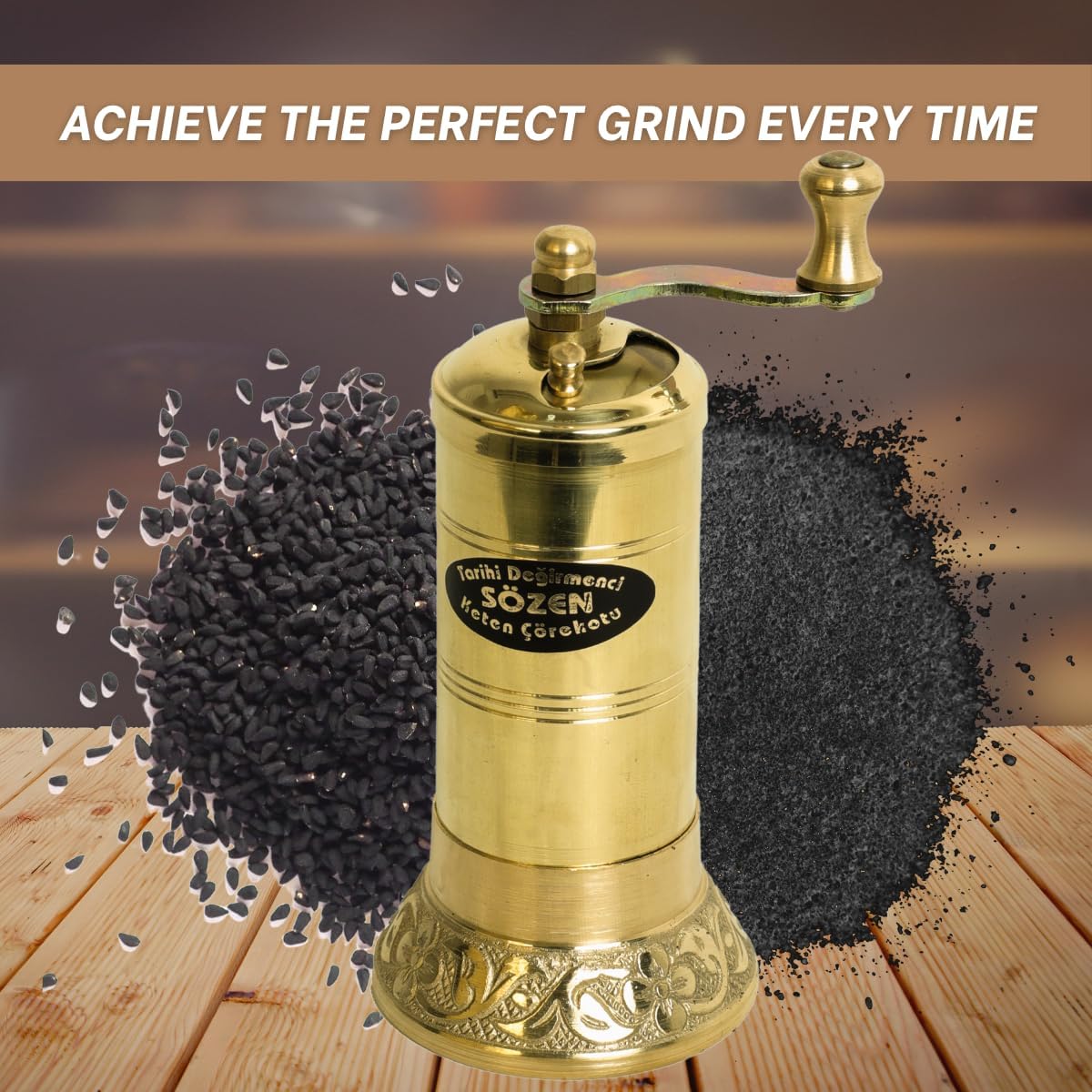 Sozen Black Seed Grinder – 4.33” Handmade Manual Brass Mill with Stainless Steel Conical Burrs – Portable Hand Crank Small Seed, Spice Mill Grinder, Portable Herb Turkish Mill