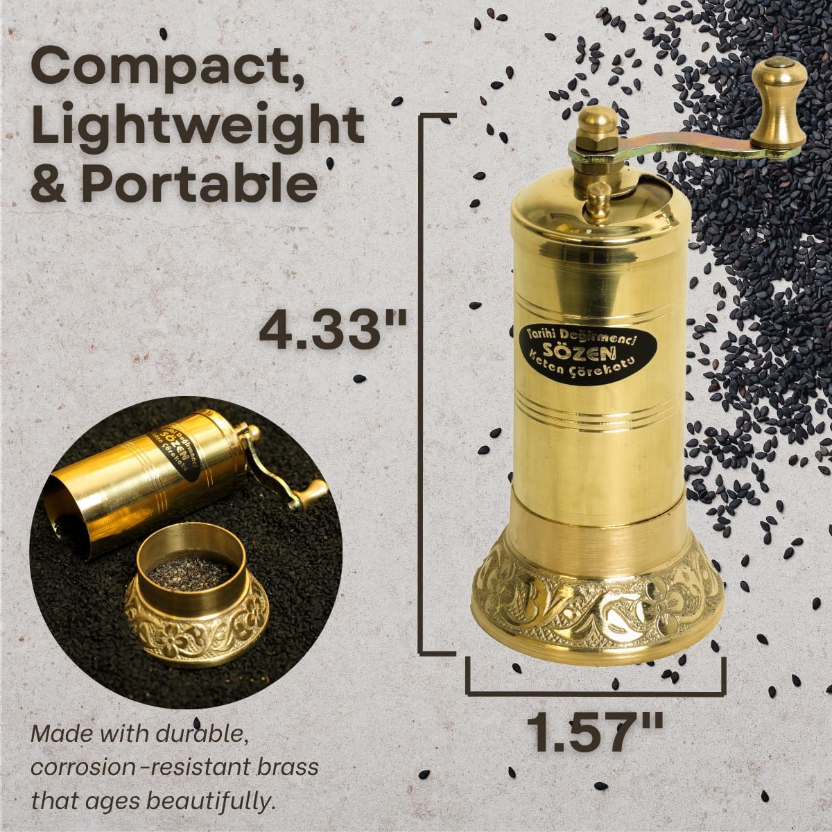 Sozen Black Seed Grinder – 4.33” Handmade Manual Brass Mill with Stainless Steel Conical Burrs – Portable Hand Crank Small Seed, Spice Mill Grinder, Portable Herb Turkish Mill
