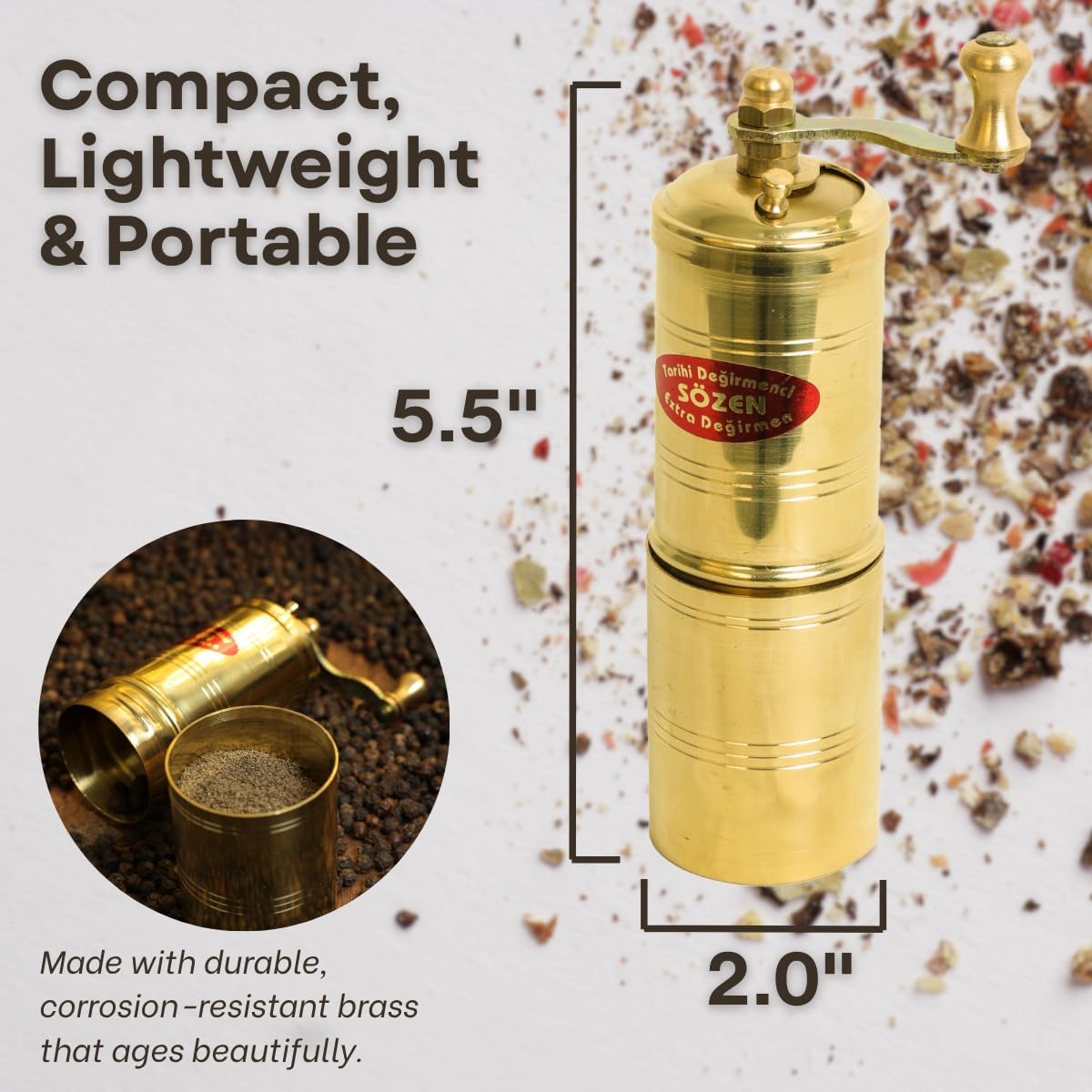Sozen 5.5" Manual Pepper Grinder Brass – Handmade Turkish Pepper Mill, Conical Burr Spice Grinder, Portable Hand Crank Mill for Salt, Peppercorns, and Other Spices with Durable Brass Decor