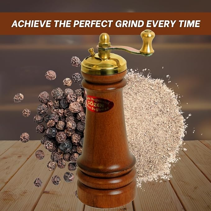 Sozen Manual Wooden Pepper Grinder – 5" Handmade Manual Turkish Pepper Mill with Stainless Steel Burr – Portable Hand Crank Spice Grinder for Black Pepper, Salt, Peppercorns, and Other Spices