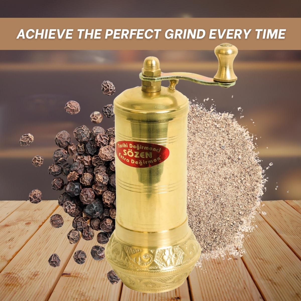 Sozen 4.7" Bowl Bottom Manual Pepper Grinder Brass – Handmade Turkish Pepper Mill, Conical Burr Spice Grinder, Portable Hand Crank Mill for Salt, Peppercorns, and Other Spices with Durable Brass Decor