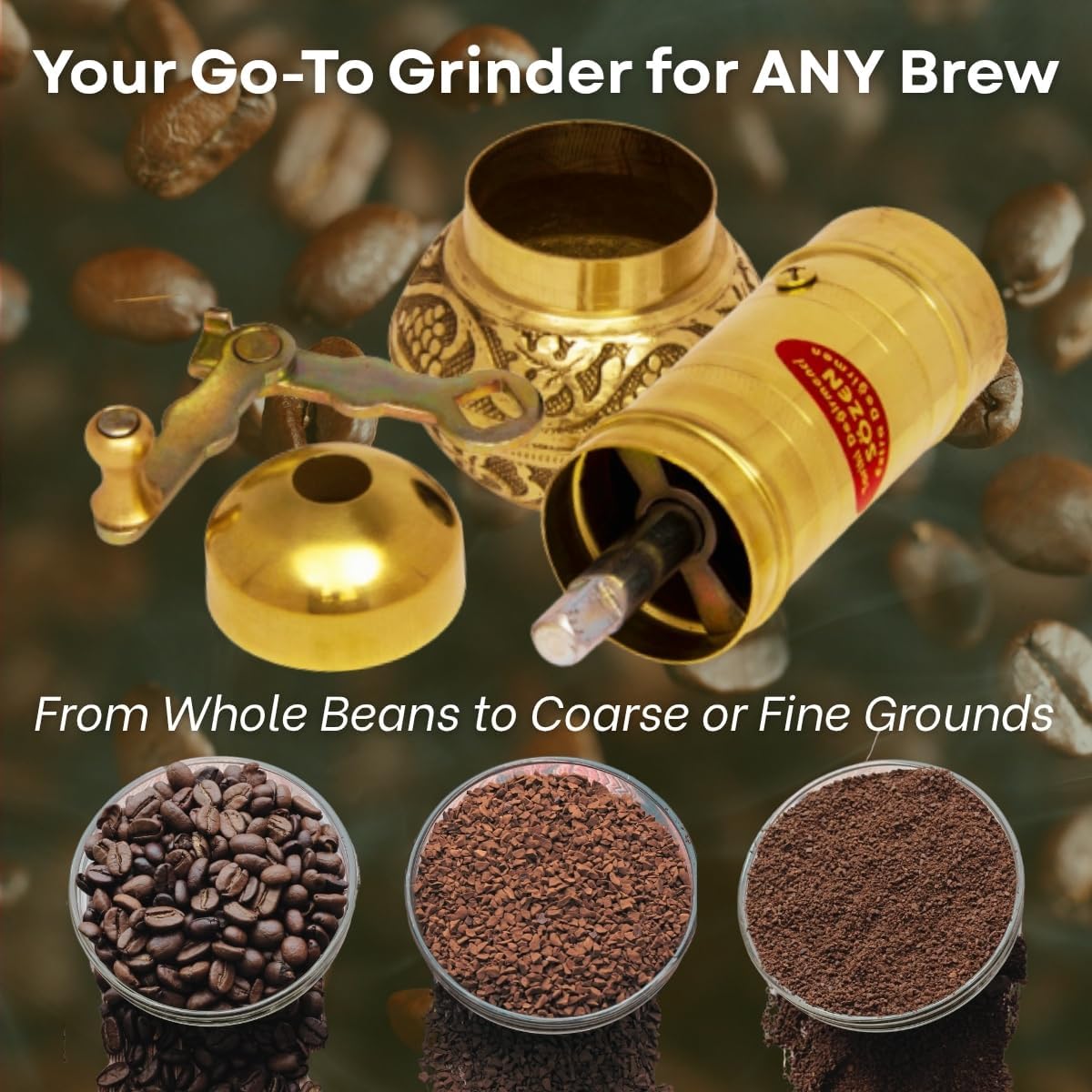 Sozen 6.4" Manual Coffee Grinder Brass – Hand Crank Burr Mill for Turkish Coffee, French Press, Espresso, Camping & Home Use – Portable Coffee Bean Grinder, Adjustable Conical Grinder