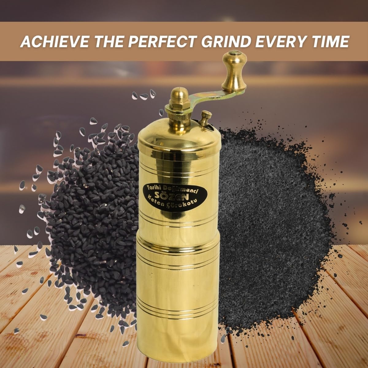 Sozen Black Seed Grinder – 5.91” Handmade Manual Brass Mill with Stainless Steel Conical Burrs – Portable Hand Crank Small Seed, Spice Mill Grinder, Portable Herb Turkish Mill