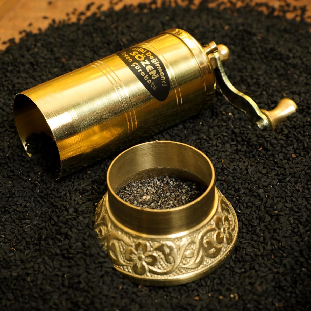 Sozen Black Seed Grinder – 4.33” Handmade Manual Brass Mill with Stainless Steel Conical Burrs – Portable Hand Crank Small Seed, Spice Mill Grinder, Portable Herb Turkish Mill