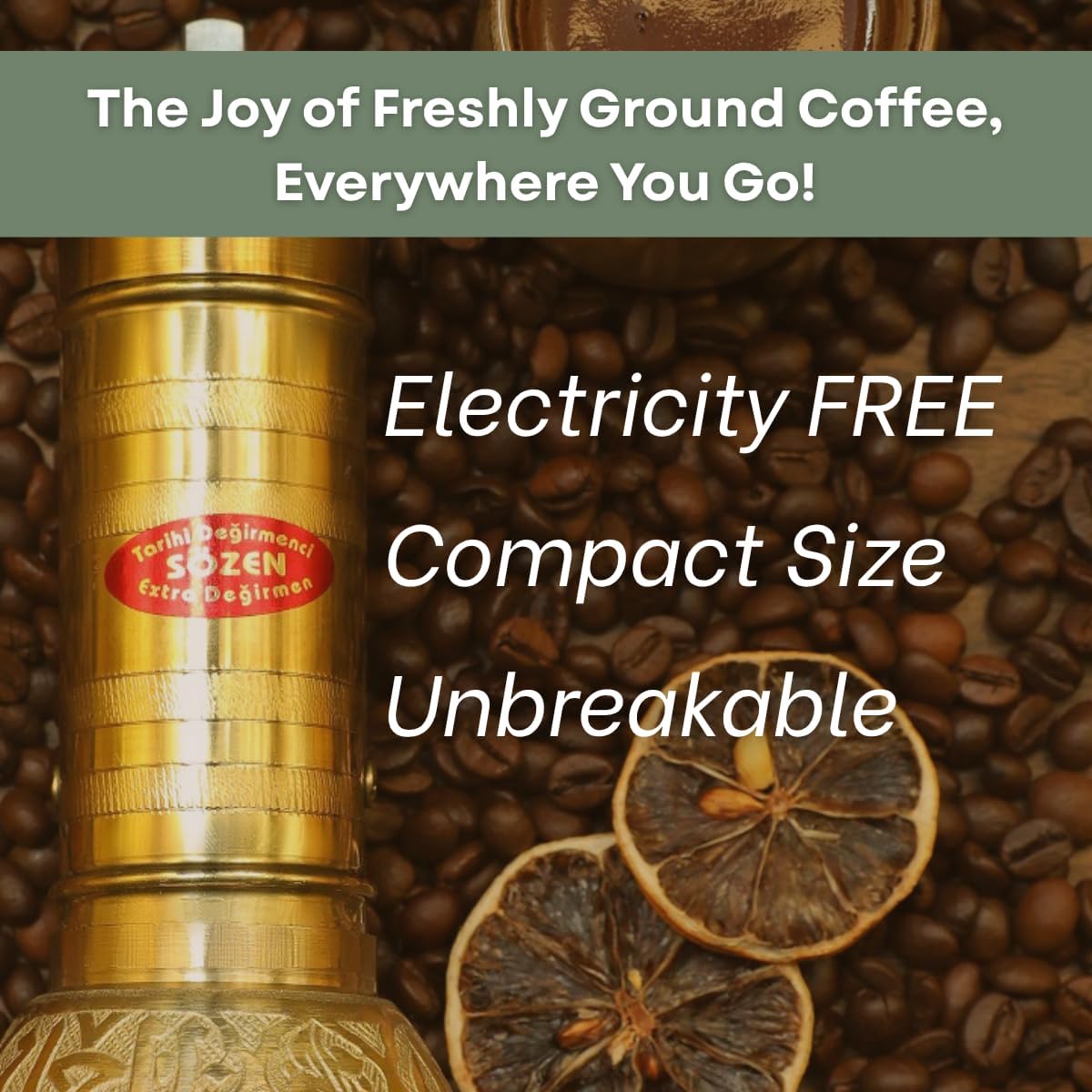 Sozen 7.6" Manual Coffee Grinder Brass – Hand Crank Burr Mill for Turkish Coffee, French Press, Espresso, Camping & Home Use – Portable Coffee Bean Grinder, Adjustable Conical Grinder