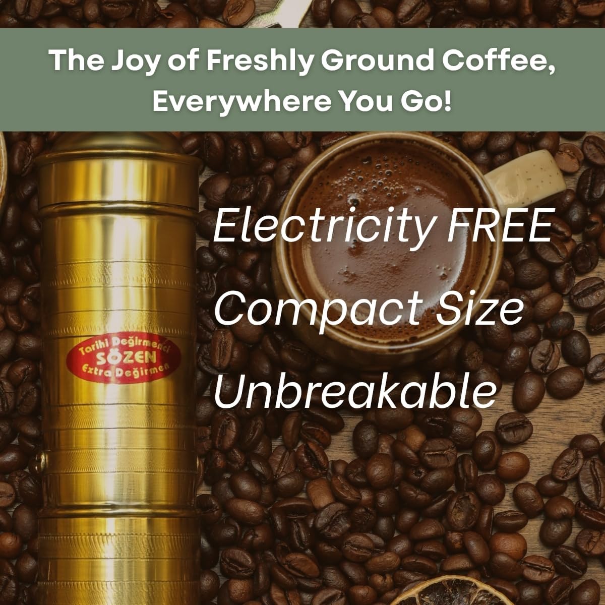 Sozen 9" Manual Coffee Grinder Brass – Hand Crank Burr Mill for Turkish Coffee, French Press, Espresso, Camping & Home Use – Portable Coffee Bean Grinder, Adjustable Conical Grinder