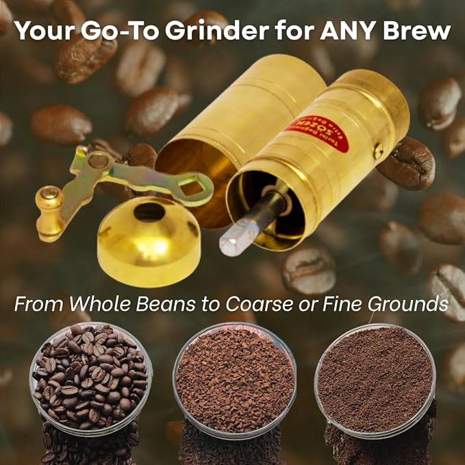 Sozen 7" Manual Coffee Grinder Brass – Hand Crank Burr Mill for Turkish Coffee, French Press, Espresso, Camping & Home Use – Portable Coffee Bean Grinder, Adjustable Conical Grinder