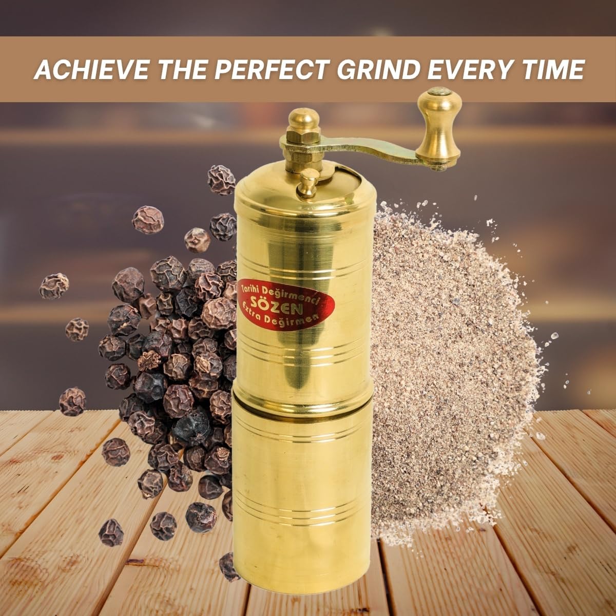 Sozen 5.5" Manual Pepper Grinder Brass – Handmade Turkish Pepper Mill, Conical Burr Spice Grinder, Portable Hand Crank Mill for Salt, Peppercorns, and Other Spices with Durable Brass Decor