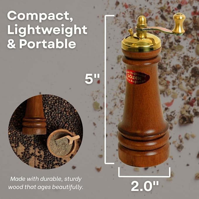 Sozen Manual Wooden Pepper Grinder – 5" Handmade Manual Turkish Pepper Mill with Stainless Steel Burr – Portable Hand Crank Spice Grinder for Black Pepper, Salt, Peppercorns, and Other Spices