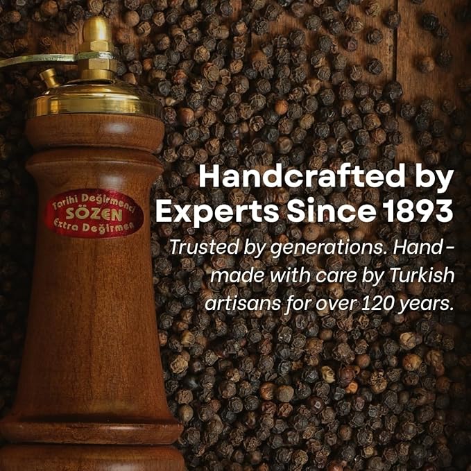 Sozen Manual Wooden Pepper Grinder – 5" Handmade Manual Turkish Pepper Mill with Stainless Steel Burr – Portable Hand Crank Spice Grinder for Black Pepper, Salt, Peppercorns, and Other Spices